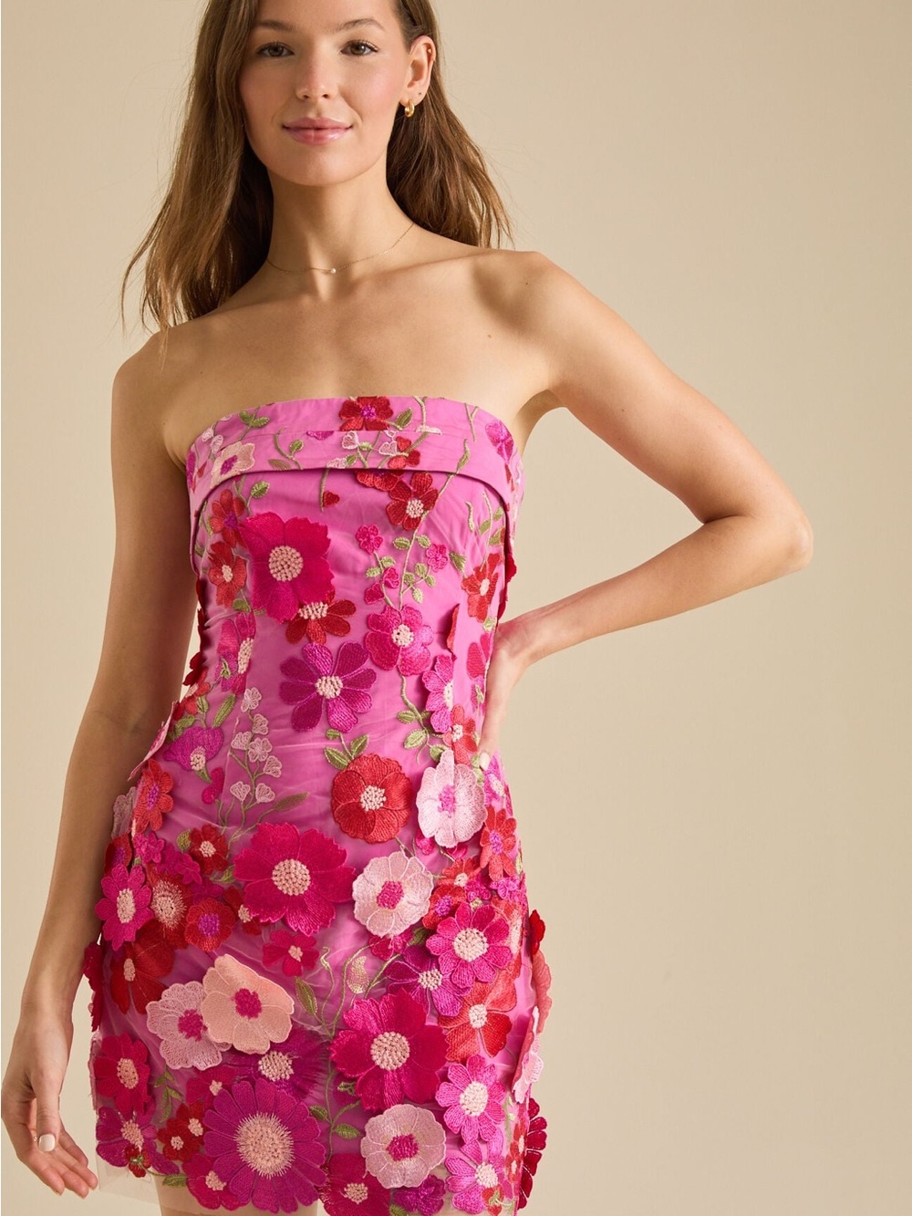 Altar'd State Strapless Pink Floral Embroidered Dress